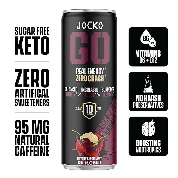 Jocko GO Energy Drink - KETO, Vitamin B12, Vitamin B6, Electrolytes, L Theanine, Magnesium- Energy Boost, Sugar Free Nootropic Monk Fruit Blend - 12 Pack (Black Cherry Vanilla)