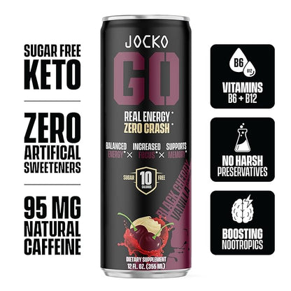 Jocko GO Energy Drink - KETO, Vitamin B12, Vitamin B6, Electrolytes, L Theanine, Magnesium- Energy Boost, Sugar Free Nootropic Monk Fruit Blend - 12 Pack (Black Cherry Vanilla)