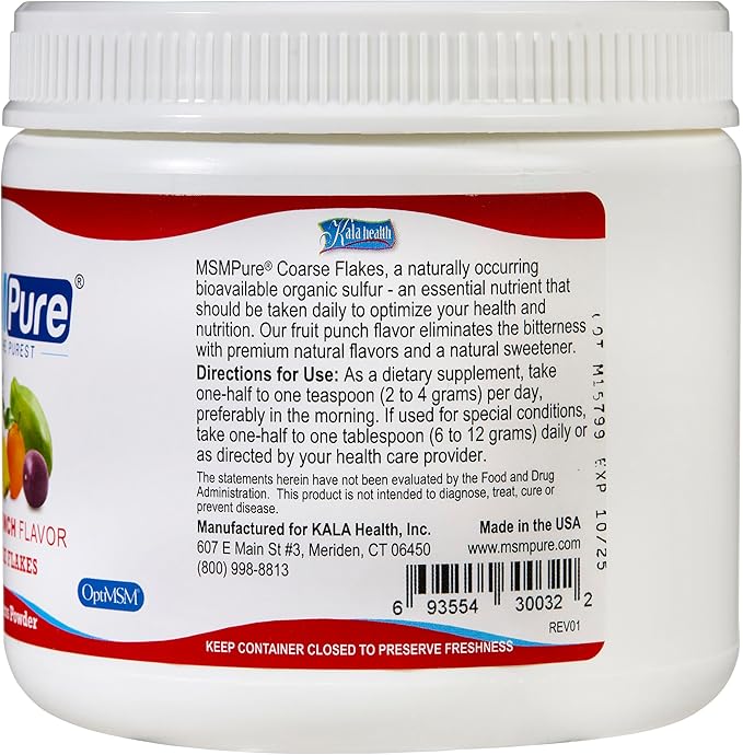KALA HEALTH MSMPure Fruit Punch Flavored Coarse MSM Powder Flakes – US-Sourced MSM for Joint Health, Skin Appearance, and Hair & Nail Support – 8.8 oz, Organic Sulfur