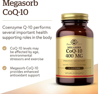 Solgar Megasorb CoQ-10 400 mg, 60 Softgels - Supports Heart & Brain Function - Coenzyme Q10 Supplement - Enhanced Absorption - Gluten Free, Dairy Free