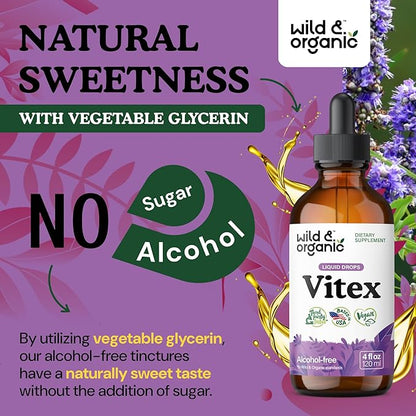 Wild & Organic Vitex Tincture - Vitex Chasteberry Supplement for Women - Liquid Chaste Tree Berry Extract for Good Mood - Vegan, Sugar & Alcohol-Free Herb Drops - 4 fl oz