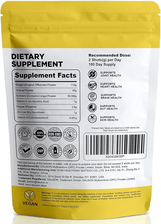 Ginger Shots with Turmeric, Piperine, Vitamins, Zinc & Orange | High Bioavailability Supplement for Joint, Heart, Brain, Gut & Skin | Curcumin Immune Support | 200 Shots