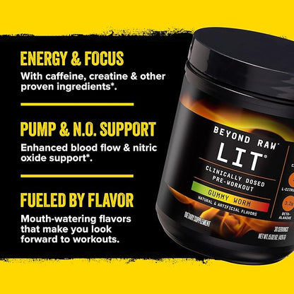 BEYOND RAW LIT Pre Workout Powder Supplement for Men and Women, Energy, Focus, Endurance, Pumps, Nitric Oxide Boost, 250mg Caffeine, Creatine, Beta Alanine, Strawberry Lemonade, 30 Servings