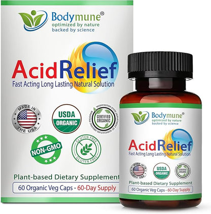 AcidRelief Acid Reducer Acid Indigestion Relief Supplement for Occasional Acid Reflux & Antacid, USA-Made USDA Organic Superfood, All-Natural Unique Blend Non-GMO Gluten-Free Vegan - 60 Caps