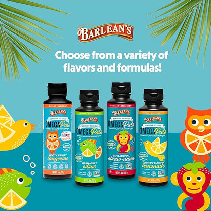 Barlean's Omega Pals Chirpin' Slurpin' Omega 3 for Kids, Yummy Lemonade Flavored Children's Liquid Fish Oil Supplement with 540 mg of EPA and DHA for Brain and Eye Health, 8 oz