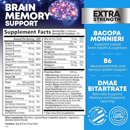 Brain Supplements for Memory and Focus - 40 Nootropics & Vitamins to Support Mental Alertness, Clarity & Concentration, Brain Health Cognitive Memory Pills, B6, B12, Phosphatidylserine - 240 Capsules