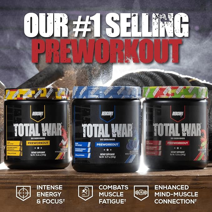 REDCON1 Total War Preworkout, Orange Crush - Contains 320mg of Caffeine from Green Tea, Juniper & Beta Alanine - Pre Work Out with Amino Acids to Increase Pump, Energy + Endurance (30 Servings)