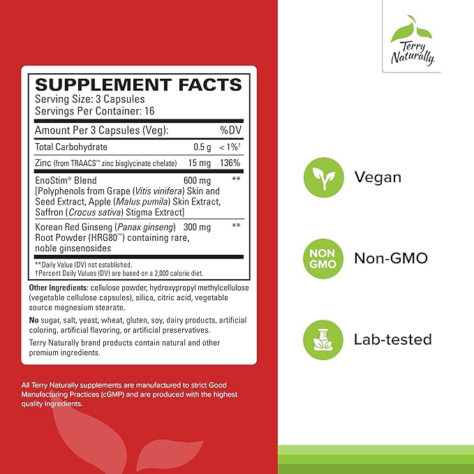 Terry Naturally HRG80 Red Ginseng Male Power - Blood Circulation & Endurance Support Supplement - Dietary Supplement with Ginseng & Zinc - Herbal Supplement for Energy Support - 48 Capsules