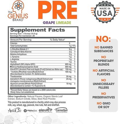 Genius Pre Caffeine-Free Pre Workout Boosted Energy, Focus, Performance Nootropic Formula AlphaSize, Citrulline Malate, CarnoSyn Beta Alanine Endurance, Stamina, Recovery, 20 Servings - Grape Limeade
