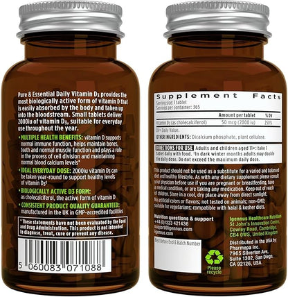 Daily Vitamin D3 + Zinc Complex Vegetarian Bundle, 365 2000iu Vitamin D3 Tablets + 25mg Chelated Zinc Picolinate & Bisglycinate with Copper, by Igennus