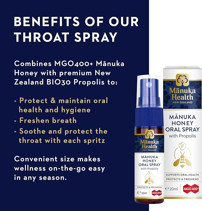 MANUKA HEALTH, Manuka Honey Throat Spray with Propolis .67 fl oz, Protects & Freshens, MGO 400+, BIO30 New Zealand Propolis