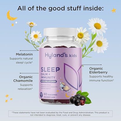 Hyland's Kids Sleep Aid, Calm and Immune Support, with Melatonin Sleep Aid Gummies, Helps with Sleeplessness and Restlessness, with Chamomile and Elderberry, 60 Vegan Gummies