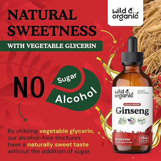 Wild & Organic Korean Panax Ginseng Extract Liquid - Red Ginseng Root Supplement for Overall Well-Being - Immune Support Drops - Vegan, Sugar & Alcohol-Free Tincture - 4 fl oz
