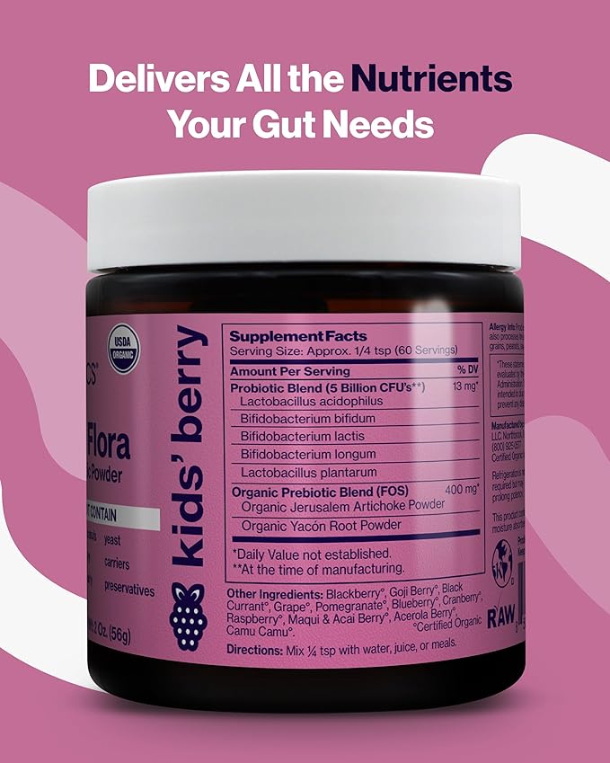 Friendlier Flora - Kids Prebiotic and Probiotic Powder Supplement with 5 Billion CFUs of 5 Probiotic Strains for Good Gut Flora, Immune System, & Balanced Microbiome - Berry, 2 Ounce