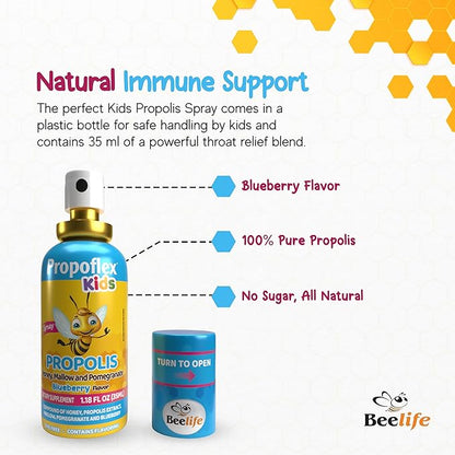 Beelife Bee Propolis Extract, Propolis Throat Spray for Kids – Propolis, Honey, Mallow, Pomegranate - Natural Immune Support & Sore Throat Relief, No Sugar - Blueberry Flavor - (35ml/ 1-Pack)