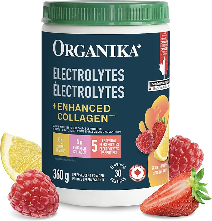 Organika Canadian-Made Electrolytes + Enhanced Collagen - Zesty Lemon Berry Flavour - Sugar-Free Hydration | 5g Protein + 100% of Daily Vitamin C | 360g, 30 Servings
