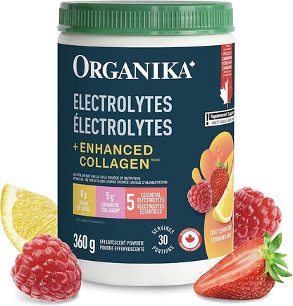 Organika Canadian-Made Electrolytes + Enhanced Collagen - Zesty Lemon Berry Flavour - Sugar-Free Hydration | 5g Protein + 100% of Daily Vitamin C | 360g, 30 Servings