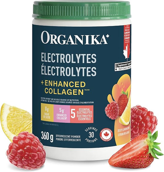 Organika Canadian-Made Electrolytes + Enhanced Collagen - Zesty Lemon Berry Flavour - Sugar-Free Hydration | 5g Protein + 100% of Daily Vitamin C | 360g, 30 Servings