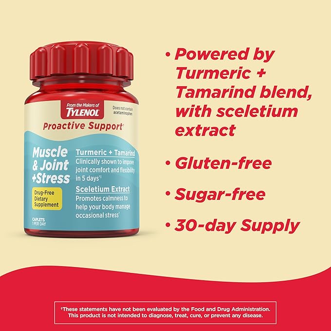 Tylenol Proactive Support* Muscle & Joint Supplements + Stress, Tamarind + Turmeric Supplement + Sceletium Extract to Improve Joint Comfort & Flexibility*, Acetaminophen Free, 30 ct