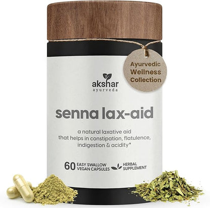 AKSHAR Ayurveda - Senna Lax Aid Herbal Constipation Relief & Laxative - Natural Bloating, Gas, Indigestion & Constipation Supplement - Vegan Cruelty Free (60 Count)