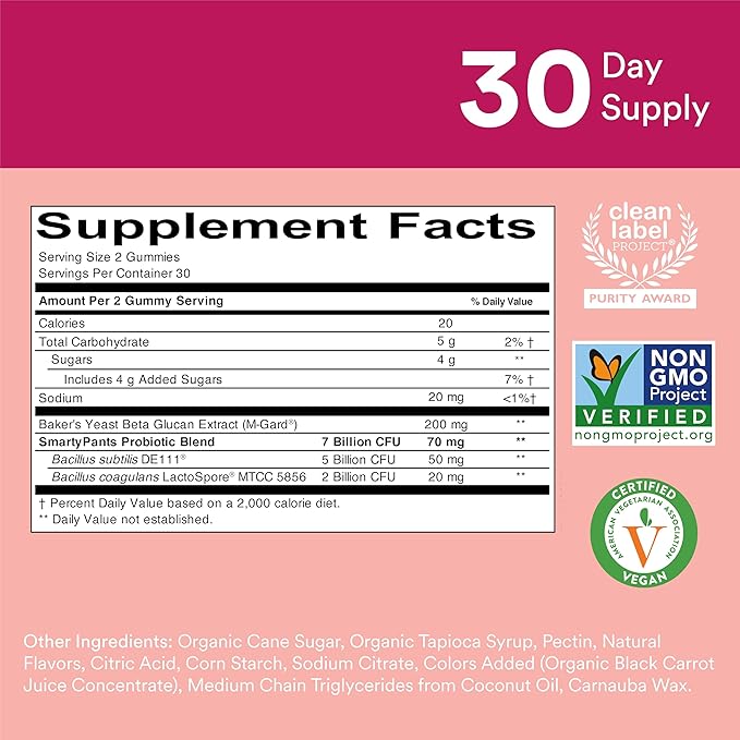 SmartyPants Adult Probiotic & Prebiotic Gummies for Digestive Health: 6 Billion CFU Gut Health Supplement, Clinically Studied Prebiotic for Immune Support, Strawberry, 60 Count (30 Day Supply)
