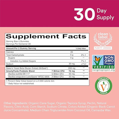 SmartyPants Adult Probiotic & Prebiotic Gummies for Digestive Health: 6 Billion CFU Gut Health Supplement, Clinically Studied Prebiotic for Immune Support, Strawberry, 60 Count (30 Day Supply)