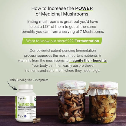 Organixx USDA Organic Mushroom Supplement, 7 Fermented Mushrooms – Lions Mane, Shiitake, Cordyceps, Turkey Tail, Reishi – for Immune & Digestion Support, 60 Vegetarian Capsules