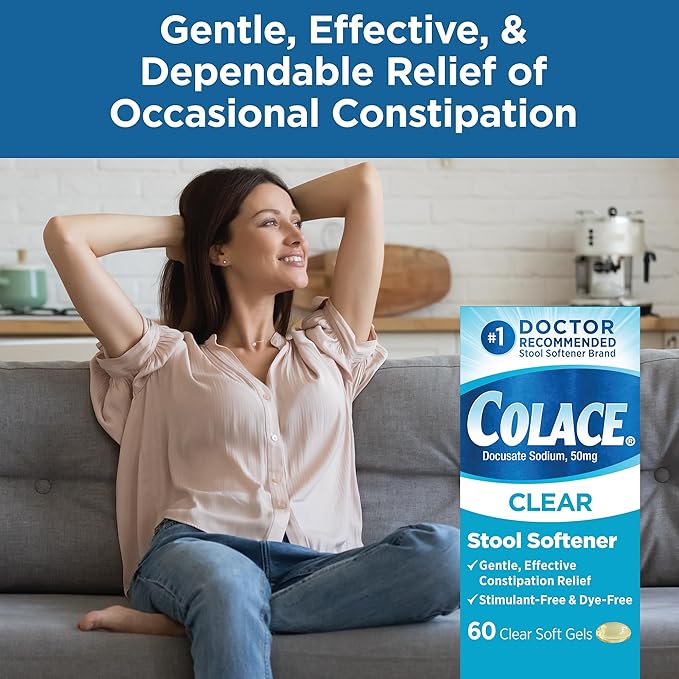 Colace Clear Stool Softener Soft Gel Capsules Constipation Relief 50mg Docusate Sodium Doctor Recommended 60ct