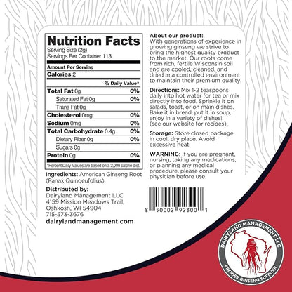 Dairyland Premium American Ginseng Powder 西洋参 - 8 oz Pack of Wisconsin Ginseng Root Powder - Non-GMO, Gluten Free Powdered Ginseng - Use American Ginseng Herbal Supplement for Smoothies, Baking, Tea