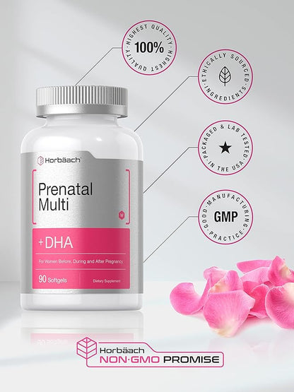 Horbäach Women's Prenatal Multivitamin with DHA, Iron and Folic Acid | 90 Softgels | Non-GMO & Gluten Free