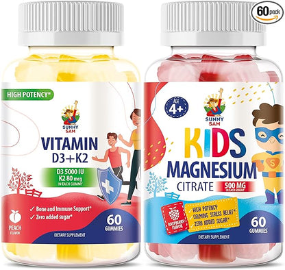 Magnesium Gummies for Kids & Vitamin D3 K2 Gummies 5000 IU - Immune & Bone Support - Sugar-Free Vitamin D Gummy Supplement - High-Absorption, Vegan, Gluten-Free Gummies for Adults