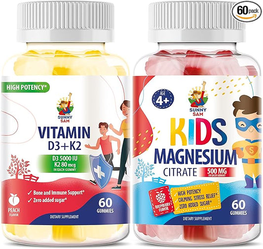 Magnesium Gummies for Kids & Vitamin D3 K2 Gummies 5000 IU - Immune & Bone Support - Sugar-Free Vitamin D Gummy Supplement - High-Absorption, Vegan, Gluten-Free Gummies for Adults