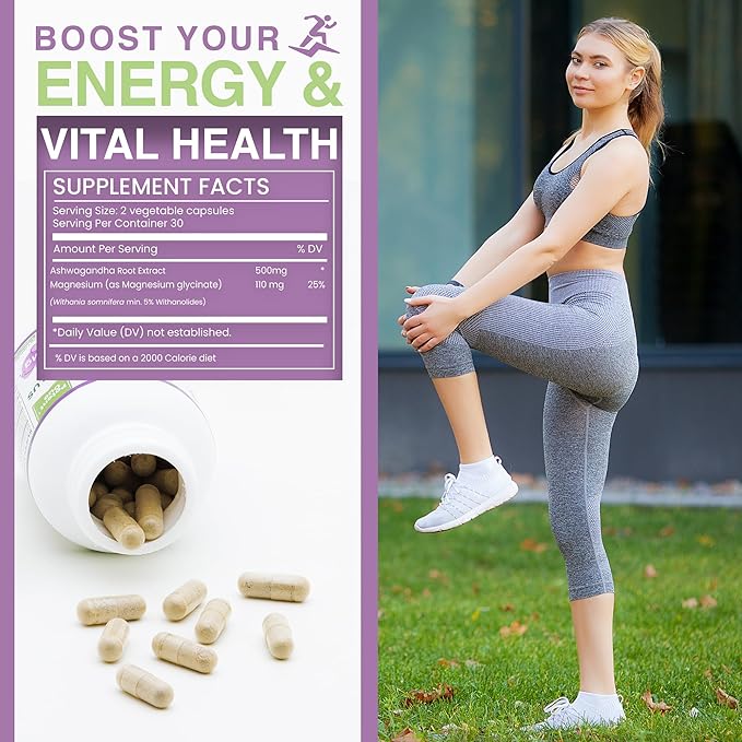 Ashwagandha with Magnesium Glycinate Supplement - 500mg Ashwagandha Root Extract & 110mg Bioavailable Magnesium - 60 Capsules