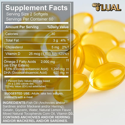 LUAL Omega-3 Fish Oil 2000mg with Vitamin D3 1,000 IU – Supports Eye, Brain, Bone and Heart Health – Lemon Flavor – 120 Softgels