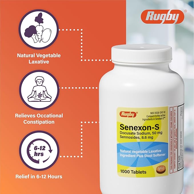 Rugby Senexon-S Natural Vegetable Laxative Plus Stool Softener - Docusate Sodium, 50 mg - Sennosides, 8.6 mg - 1000 Tablets