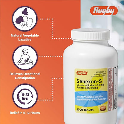Rugby Senexon-S Natural Vegetable Laxative Plus Stool Softener - Docusate Sodium, 50 mg - Sennosides, 8.6 mg - 1000 Tablets