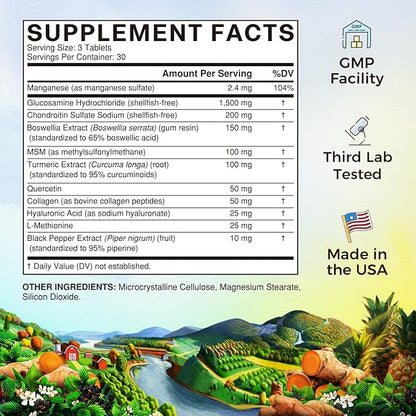 Vitalitown Glucosamine Chondroitin MSM | Collagen, Boswellia, Turmeric, Hyaluronic Acid, Bromelain | Triple Action+ Formula | 12 Move-Freely Ingredients | 90 Tablets, No Shellfish