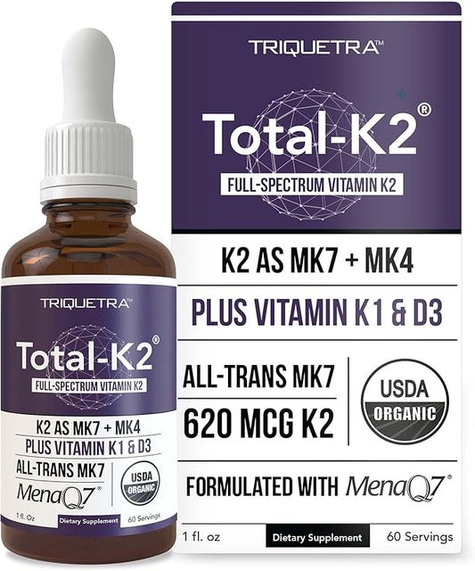 Total K2® | Vitamin K2 as MK7 & MK4 | Plus K1 & Vitamin D3 Cofactor - 620 mcg K2 per Serving - All-Trans MK7 from MenaQ7® - Full-Spectrum Vitamin K - Vegan, Organic Certified (Liquid 1 oz)