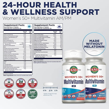 KAL Plus 2-in-1 Multivitamin for Women 50+, AM/PM Vitamin B and D, Biotin, Ginkgo Biloba, Bone Strength and Immune Support, Made Without GMOs and Soy, Vegan, 30 Servings, 120 Tablets
