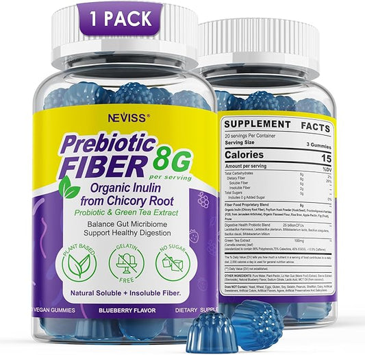 Fiber Gummies for Adults 8g (Inulin, Psyllium Husk, FOS More) with Probiotics, Green Tea Extract, Sugar Free Plant Based Fiber Supplement Blend for Digestive Health, Regularity, Non-GMO, Vegan, 60Cts