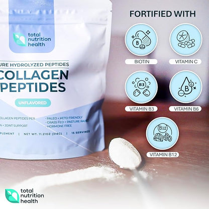 Collagen Peptides Powder – 11oz Unflavored – Pure Grass Fed Collagen Protein with Vitamin C, B3, B6, B12, Biotin for Hair, Nails, Skin and Joint Support – Non-GMO, Sugar-Free