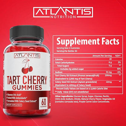 Atlantis Nutrition Tart Cherry Gummies with Celery Seed Extract - Advanced Uric Acid Cleanse for Immediate Gout Relief, Joint Relief & Recovery | Powerful Antioxidant with Joint Support - 60 Gummies