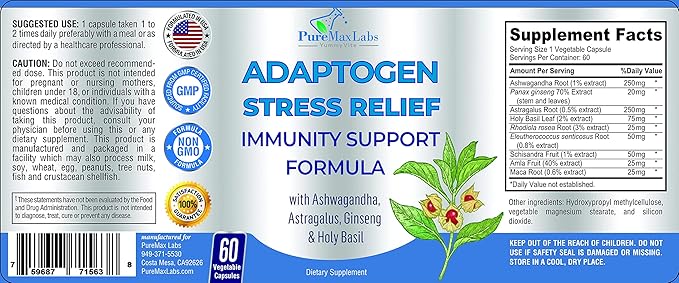 Adaptogen Stress Relief Immune Support Formula - Adaptogenic Adrenal Support with Ashwagandha, Astragalus, Ginseng, Holy Basil, Rhodiola, Amla, Maca, Schisandra, Non-GMO - 60 Capsules