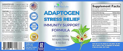 Adaptogen Stress Relief Immune Support Formula - Adaptogenic Adrenal Support with Ashwagandha, Astragalus, Ginseng, Holy Basil, Rhodiola, Amla, Maca, Schisandra, Non-GMO - 60 Capsules