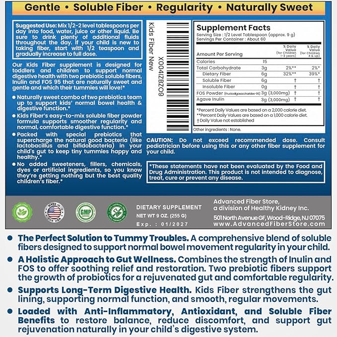 Kids Fiber for Constipation Relief, Prebiotics for Children, Toddler Fiber Supplement, Mild Sweetness Fiber Powder for Kids, Gut Health for Regularity & Softness 60 Servings