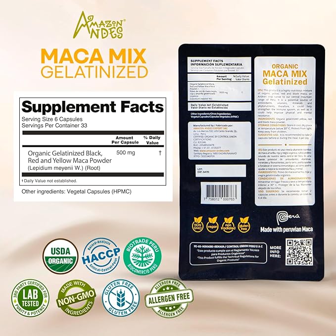 Premium Black, Red & Yellow Maca Capsules l 3000mg Serving for Increased Energy Levels & Physical Performance l Powerful Antioxidant & Immune System Booster l 100% Natural and Organic l Amazon Andes