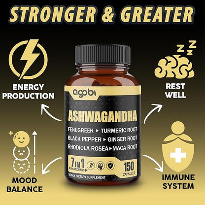 Ashwagandha Extract Capsules 7 Herbal Ingredients 8050 mg - Blended Fenugreek, Maca, Turmeric, Rhodiola, Ginger & Black Pepper - Sleep, Spirit, Immune & Energy Support - 5-Month Supply