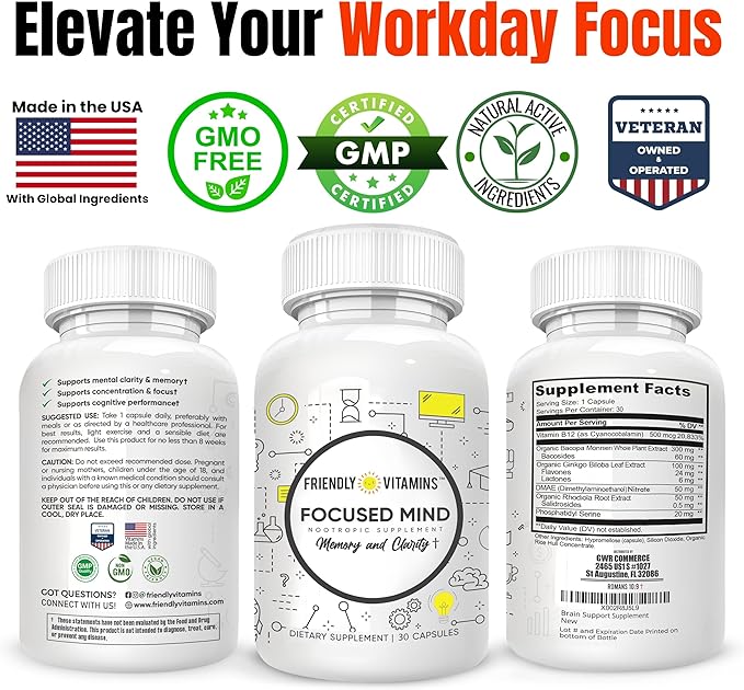 Focused Mind – Daily Brain Supplement for Memory and Focus Support | Nootropic for Concentration, Mental Clarity, and Brain Energy | Cognitive Supplement for Work, School, or Everyday Demands