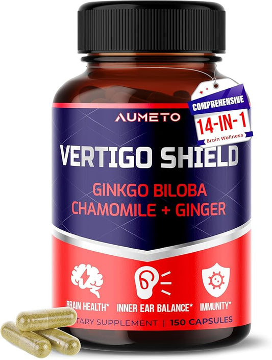 Vertigo Support Complex with Ginkgo Biloba, Chamomile, Ginger, Vitamin D3, B12 - Advanced 14-in-1 Formula for Spinning Dizziness Inner Ear Balance* - Made in The USA