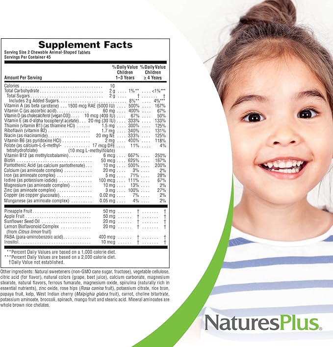 Natures Plus Animal Parade Children's Chewable Multivitamin - Grape Flavor - 90 Animal-Shaped Tablets - Promotes Health & Well-Being - Vegetarian, Gluten Free - 45 Servings